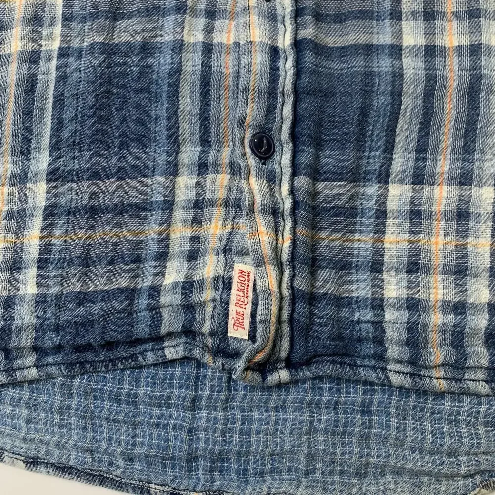 True Religion Shirt Mens M Medium Blue Western Woven Plaid Flannel Shirttail Hem